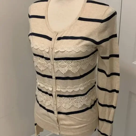 Flying Tomato oatmeal with navy stripes and lace details long sleeve cardigan M - Picture 6 of 7